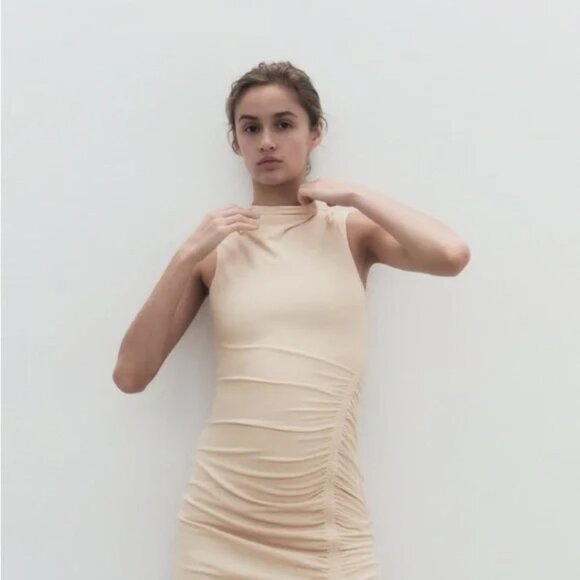 Zara Soft Draped Midi Dress Cream Size Large - Picture 3 of 10